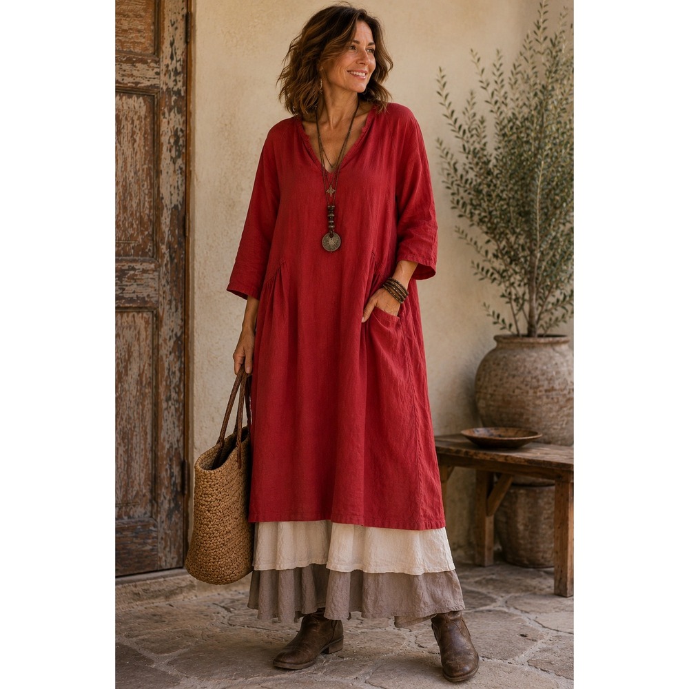 Poetry Red 100% Linen V-Neck Midi Dress 3/4 Sleeve Size US 4 UK 8